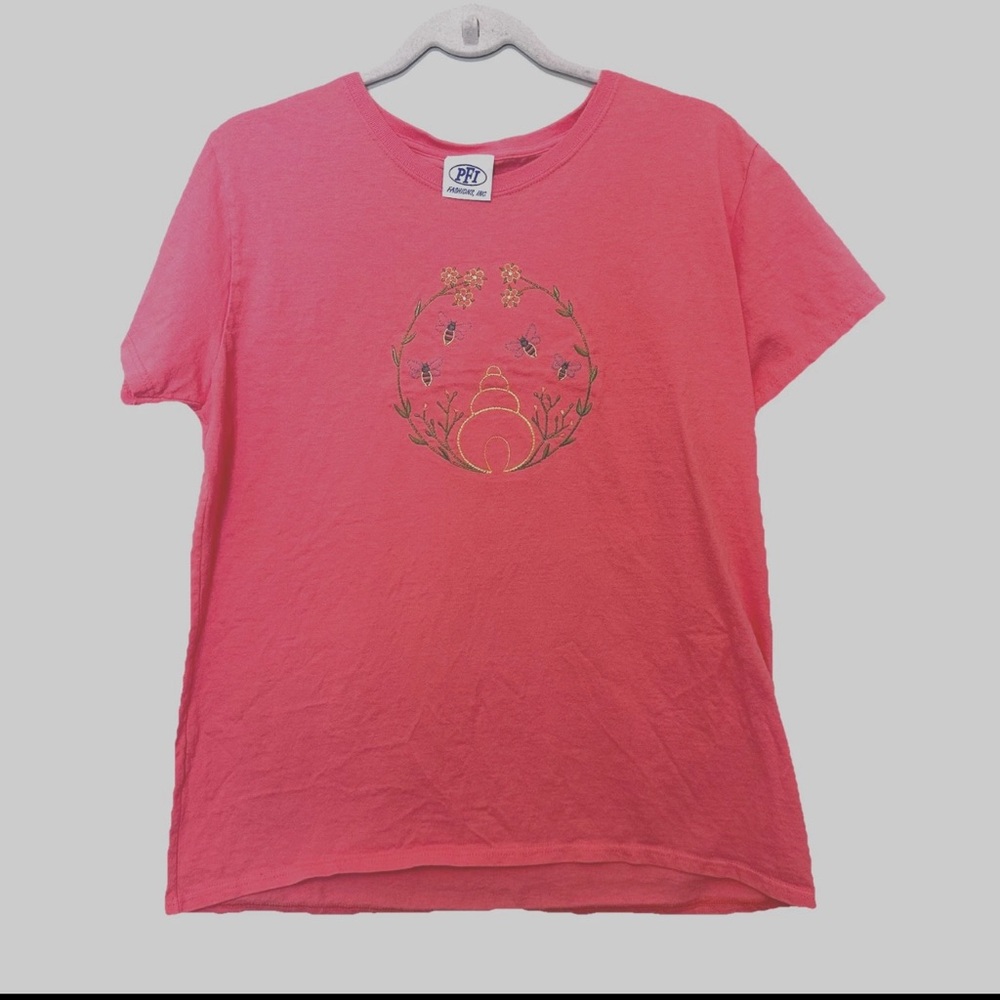 PFI Women’s Large Pink Embroidered Top Bees Flowers Shell Vine Circular Boho